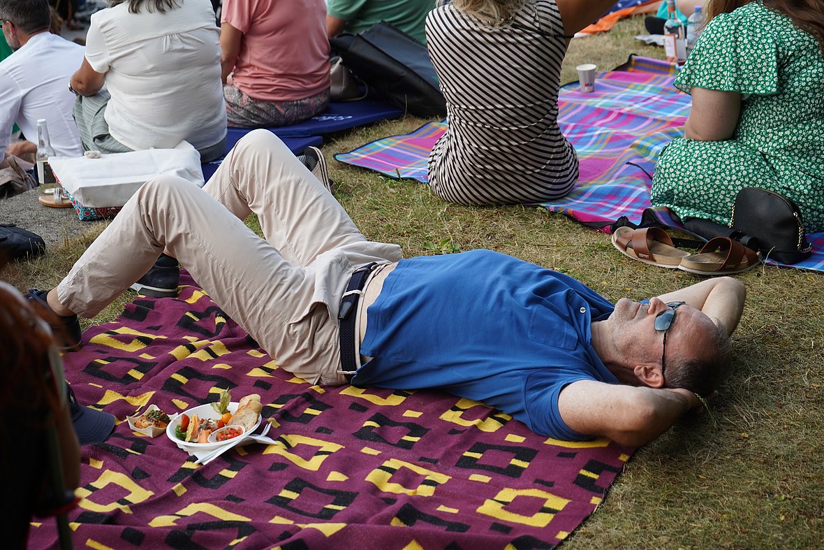 Ein Mann in blauer Polo-Shirt und beiger Hose liegt rücklings auf einer violett-gelben Decke auf dem Rasen. Er hat die Arme hinter dem Kopf verschränkt und trägt eine Sonnenbrille. Vor ihm steht ein Teller mit kleinen Snacks. Um ihn herum sitzen weitere Personen auf Decken und Picknickmatten.