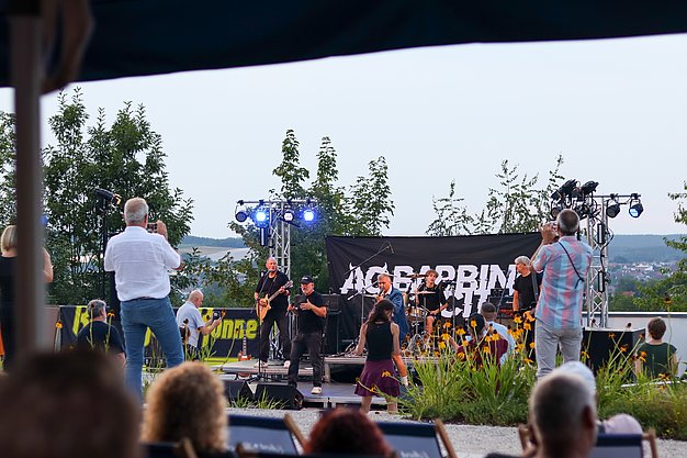 Die Bilder zeigen Eindrücke der Rock-Nacht am Eckert Beach. Zu sehen sind die Live-Auftritte der Bands Rusty Road Runners und ACBarbingCity´25, zahlreiche Besucherinnen und Besucher vor der Bühne sowie die sommerliche Atmosphäre am Strand. In beiden Bands stehen auch Dozenten der Eckert Schulen auf der Bühne. Die Aufnahmen zeigen Musiker, Publikum und die stimmungsvolle Beleuchtung während des Open-Air-Konzerts.
